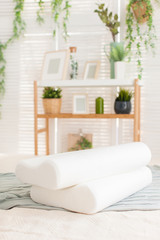 beautiful interior photographs of the modern bedroom, comfortable pillows of orthopedic