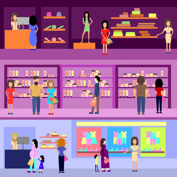 People shopping in a mall concept. Design elements and banners. Flat style Illustration.