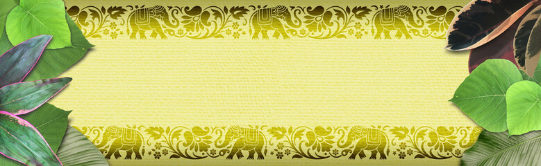 Banner with leaves of tropical plants, Asian, African pattern with elephants and flowers on a yellow canvas backdrop.
