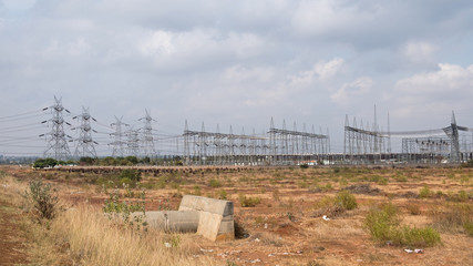 Electricity plant and high tension transmission cables in rural Tamil Nadu. It is claimed that all...