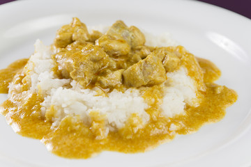 Simple dish from India. Chicken Korma. Chicken on a mildly spiced coconut creamy sauce served with rice on white plate.