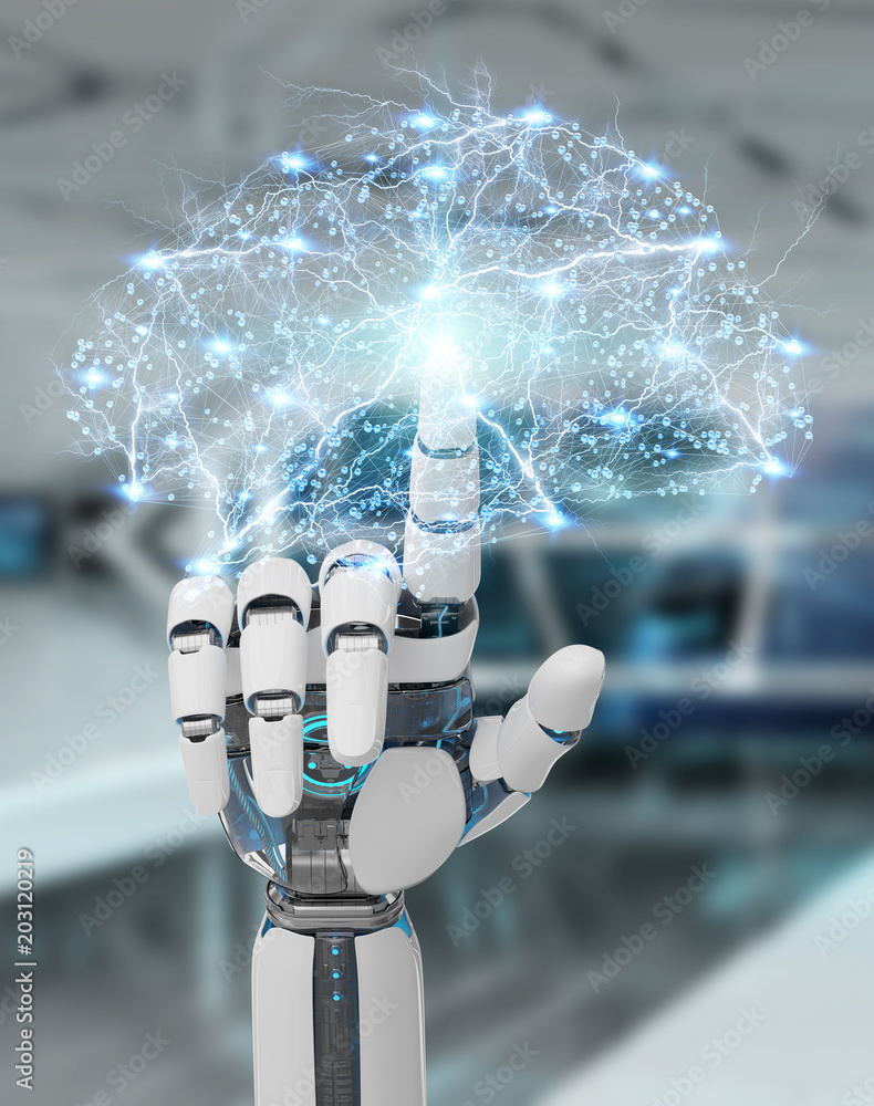 Poster white humanoid hanid creating artificial intelligence 3d rendering