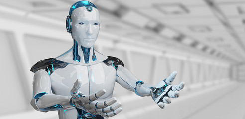 White male cyborg opening his two hands on spaceship background 3D rendering