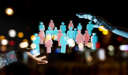 White cyborg hand controlling group of people 3D rendering