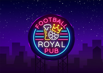Football royal pub neon sign. Design Pattern Sport Bar Logo in Neon Style, Light Banner, Bright Night Bar Advertising, Design Element. Live football. Vector Illustration. Billboard