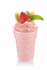 Fresh organic pink smoothie with banana and strawberry, detox and healthy food.