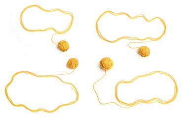  Set of clouds made of yellow threads and thread balls  isolated on white background. Cotton thread...