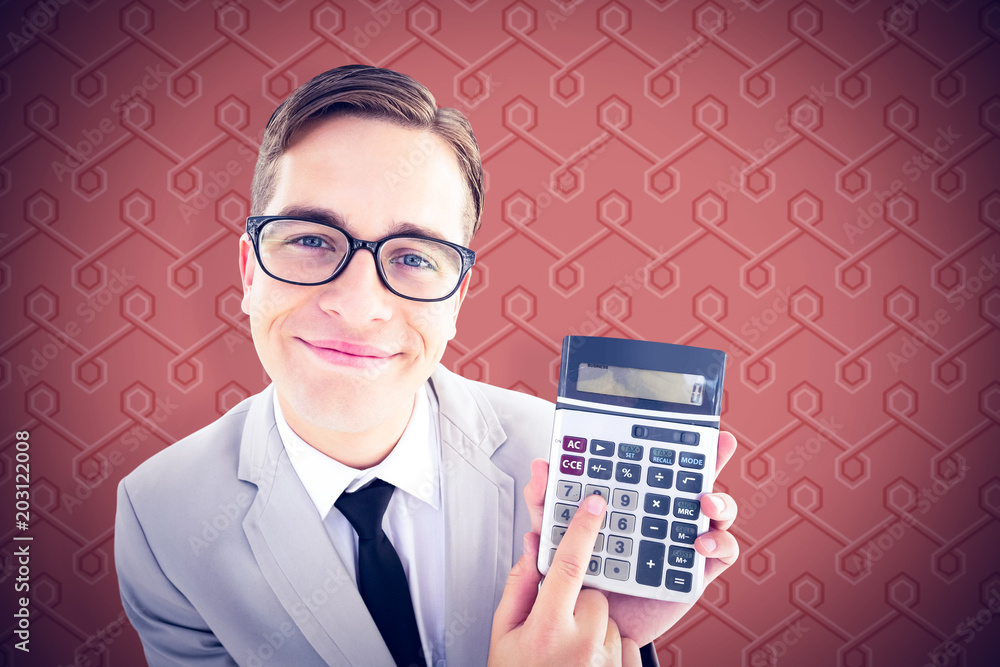 Poster geeky smiling businessman showing calculator against background