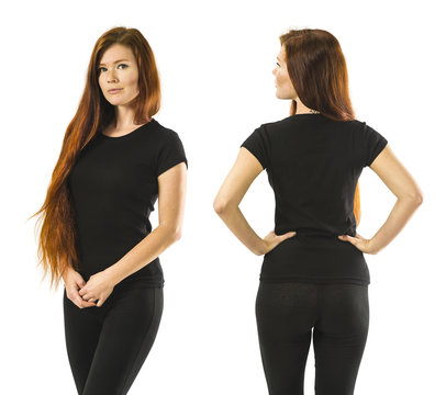 Redhead woman posing with blank black shirt