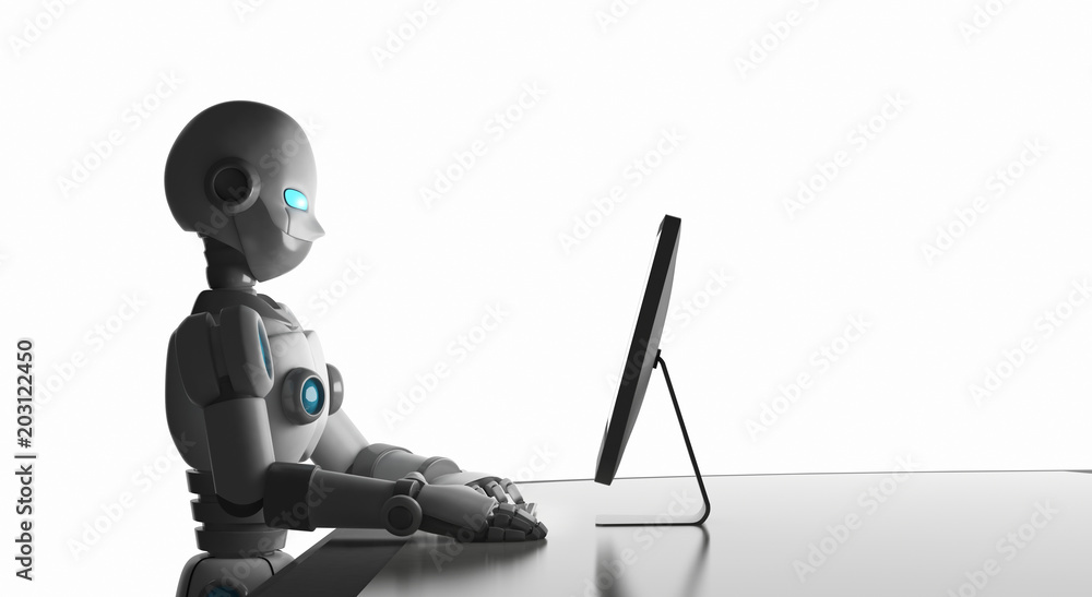 Poster robot using a computer isolated on white, artificial intelligence in futuristic technology concept, 