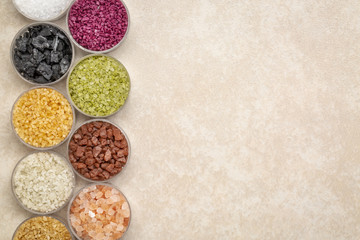 colorful sea salts collection with copy space