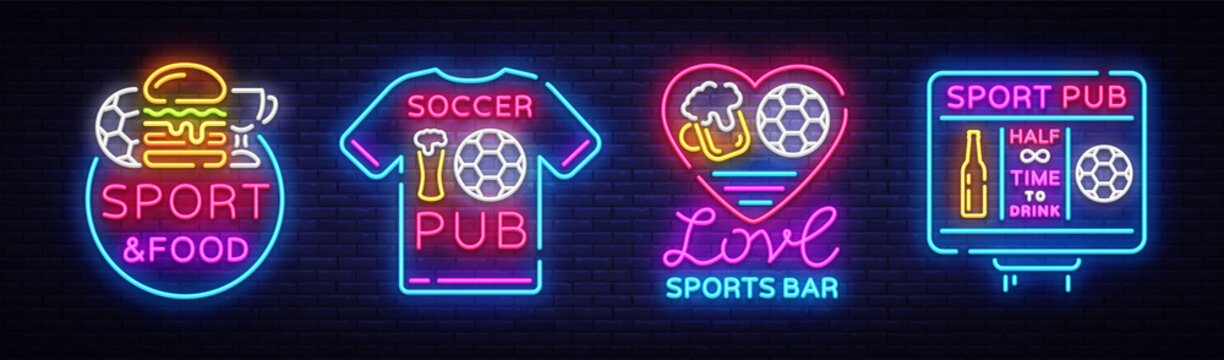 Sports bar collection logos neon vector. Sports pub set neon signs, Football and Soccer concepts, night bright signboard for sports pub bar, fan club, dining room, soccer cup, football online. Vector