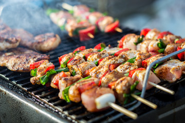 Close up pf delicious chicken breast on wooden skew with fresh vegetables, garlic, paprika fried on mangal barbeque grill