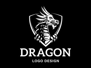 Vector head of a dragon in the form of a shield illustration, logotype, print, emblem design on a black background.