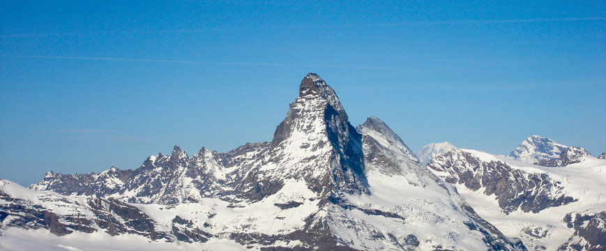 panorama view of the Matterhorn and surrounding mountains on a beautiful winter day