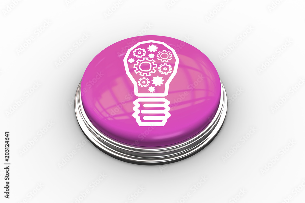 Poster composite image of light bulb with cogs graphic on shiny pink push button