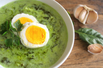 Spinach soup with boiled egg. Top view.




