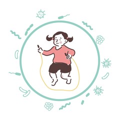 Carefree girl jumps with a skipping rope. Her body is protected from bacteria and viruses.