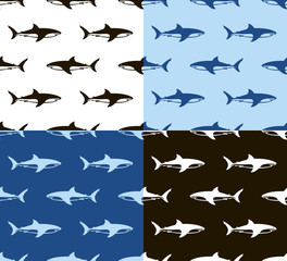 Sharks seamless pattern. Black, white and blue.