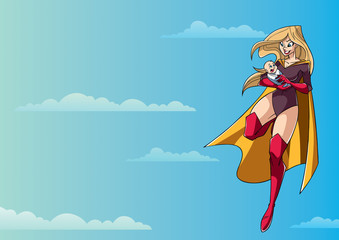 Full length illustration of happy superheroine mom flying in the sky and holding her cute newborn baby in her arms. 