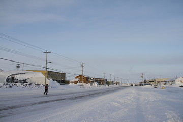 Street view of an arctic community and neigbourhood, located in Arviat, Nunavut Canada