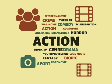 ACTION - image with words associated with the topic MOVIE, word, image, illustration