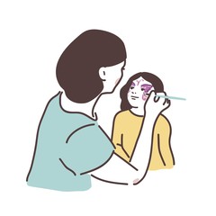 A woman drawing butterfly on a face of a little girl. Body-art for kids party and workshop.