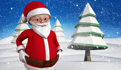 Cute cartoon santa claus against snowy landscape with fir trees