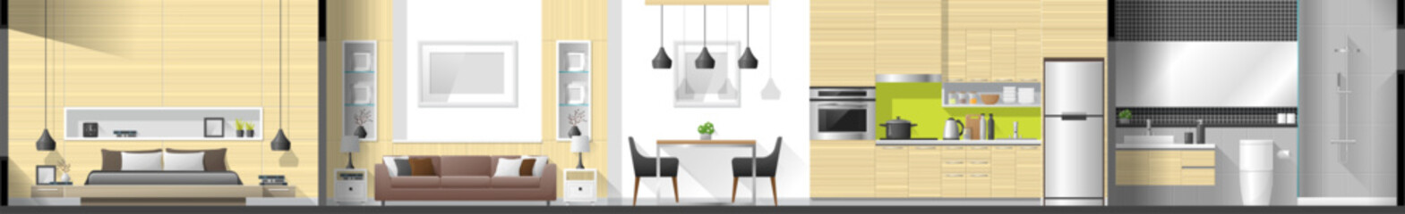 House interior section panorama including bedroom , living room , dining room , kitchen and bathroom , vector , illustration