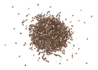 Chia seeds isolated on white background, top view