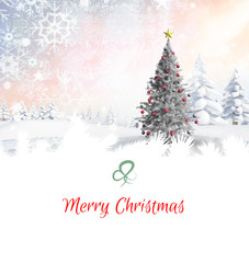 Composite image of christmas card against christmas tree in snowy landscape