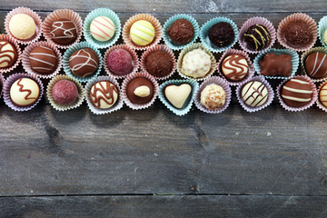 a lot of variety chocolate pralines, belgian confectionery gourmet chocolate.