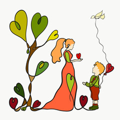 Mom and son give hearts to each other, drawing one long line