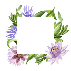 Pink water lily. Floral botanical flower. Wild spring leaf wildflower frame. Aquarelle wildflower for background, texture, wrapper pattern, frame or border.