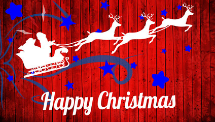 Silhouette of santa claus and reindeer against red wooden planks background
