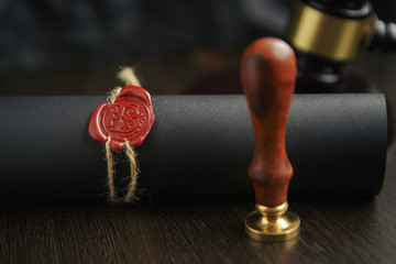 Notary's public pen and stamp on testament and last will. Notary public tools