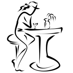 A thoughtful man at a table with a glass of wine, a vase and a fading flower