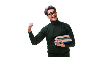 Nerd young student with books isolated on white