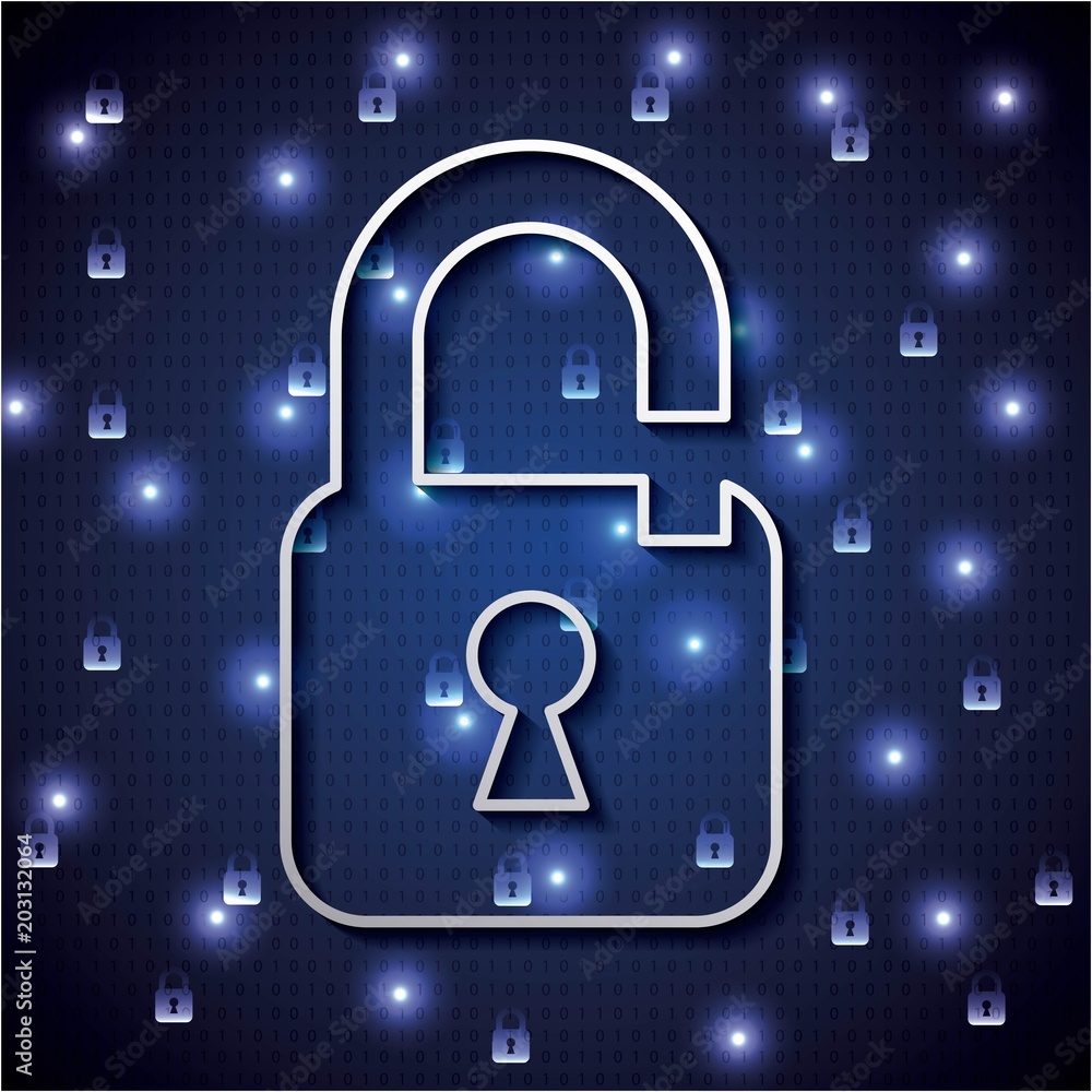Aufkleber cyber security digital circuit binary numbers background big unlocked padlock vector illustration