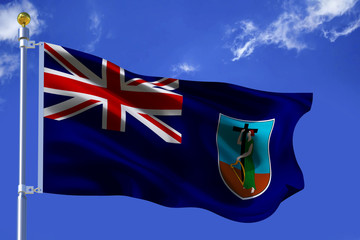  The silk waving flag of Montserrat island with a flagpole on a sunny blue sky background with white clouds .3D illustration.