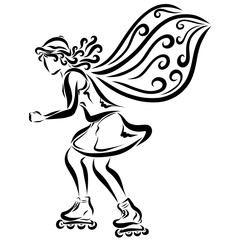Winged girl quickly rides on roller skates