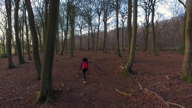 4K Aerial drone clip of teenage young woman hiking with red backpack in forest woodland 