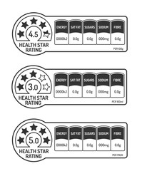 Nutrition facts labels set with health star rating black and white
