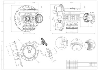 Drawing and 3d model gear mechanism on a white