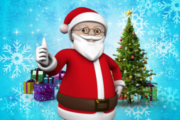 Cute cartoon santa claus against christmas tree with gifts