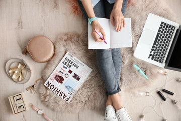 Female beauty blogger with notebook and laptop indoors, top view - obrazy, fototapety, plakaty