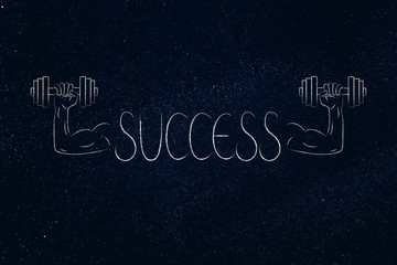 strong success text with muscled arms holding dumbbells