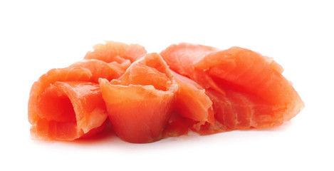 Fresh sliced salmon fillet on white background