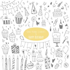 Happy Birthday hand drawn set. Party decoration, gift box, cake with candles, fireworks, confetti, party hats, bouquet, desserts and beverages. Vector outline illustration isolated on white.