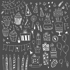 Happy Birthday hand drawn set. Party decoration, gift box, cake with candles, fireworks, confetti, party hats, bouquet, desserts and beverages. Vector outline illustration isolated on black.